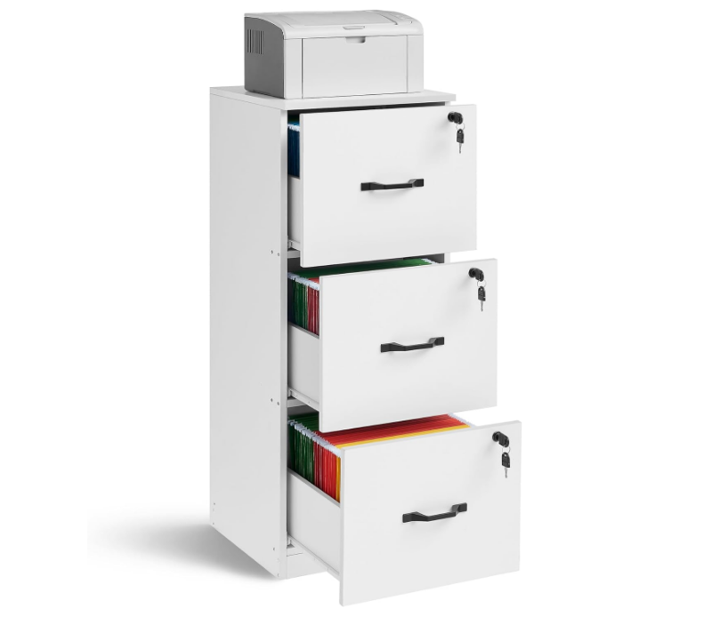 3-Drawer Vertical File Cabinet, Filing Cabinet for Home Office, Printer Stand, with 3 Lockable Drawers, Adjustable Hanging Rail, for A4 and Letter-Size Files, Cloud White UOFC055W14