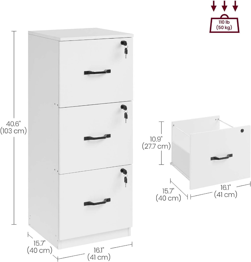 3-Drawer Vertical File Cabinet, Filing Cabinet for Home Office, Printer Stand, with 3 Lockable Drawers, Adjustable Hanging Rail, for A4 and Letter-Size Files, Cloud White UOFC055W14