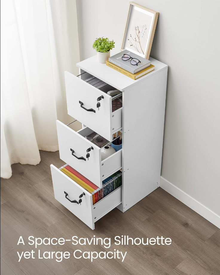 3-Drawer Vertical File Cabinet, Filing Cabinet for Home Office, Printer Stand, with 3 Lockable Drawers, Adjustable Hanging Rail, for A4 and Letter-Size Files, Cloud White UOFC055W14