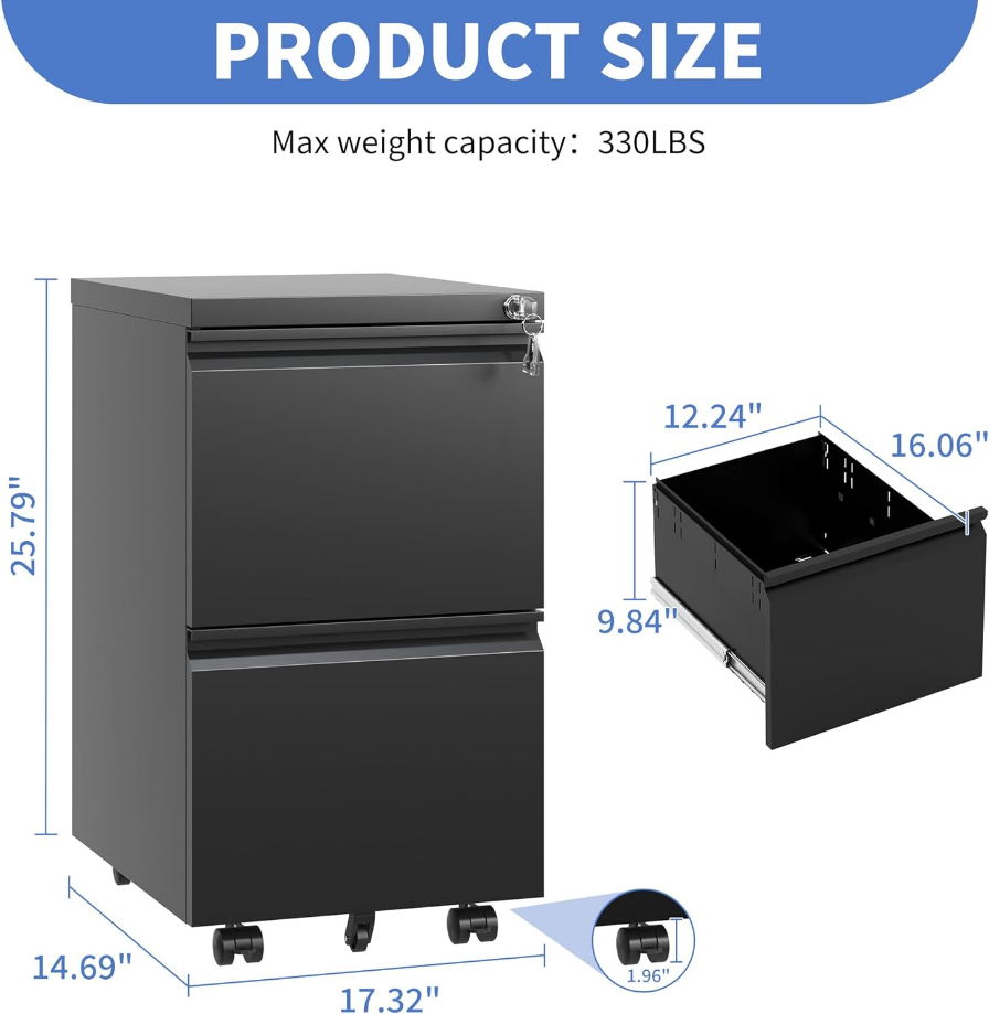 File Cabinet 2 Drawer with Lock,Filing Cabinet for Home Office,Fully Assembled,Mobile Metal Office Storage Cabinet on Wheels,Locking Lateral File Cabinet Underdesk