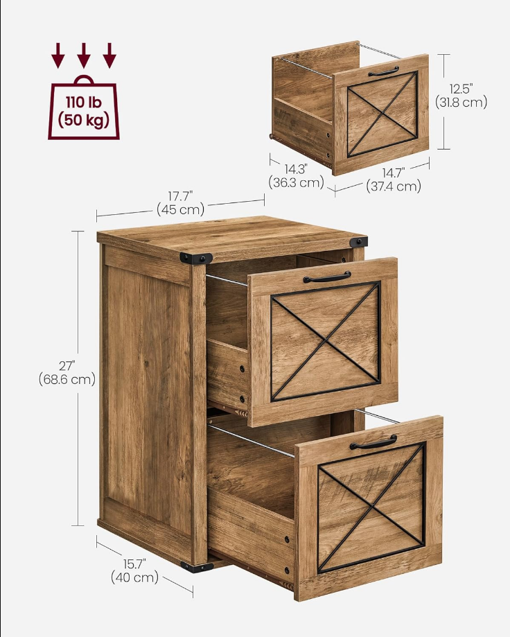 File Cabinet, Filing Cabinet with 2 File Drawers, Printer Stand, Fit A4, Letter Size, Hanging File Folders, Modern Farmhouse Style, for Home Office, Study, Rustic Walnut