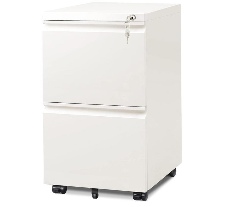 2-Drawer Mobile File Cabinet with Lock, Commercial Vertical Cabinet, White