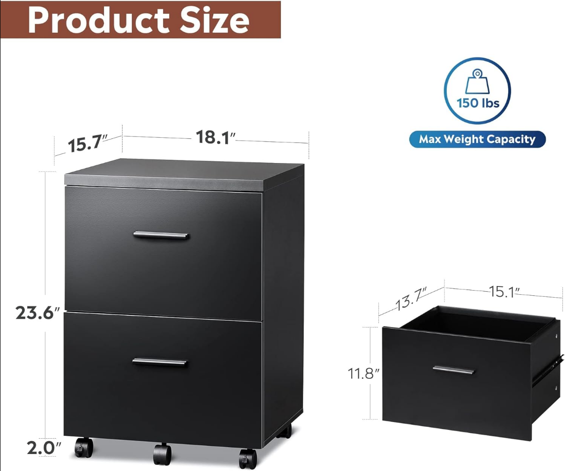 2 Drawer Wood File Cabinet, Mobile Lateral Filing Cabinet with Storage, Letter Legal Size, White