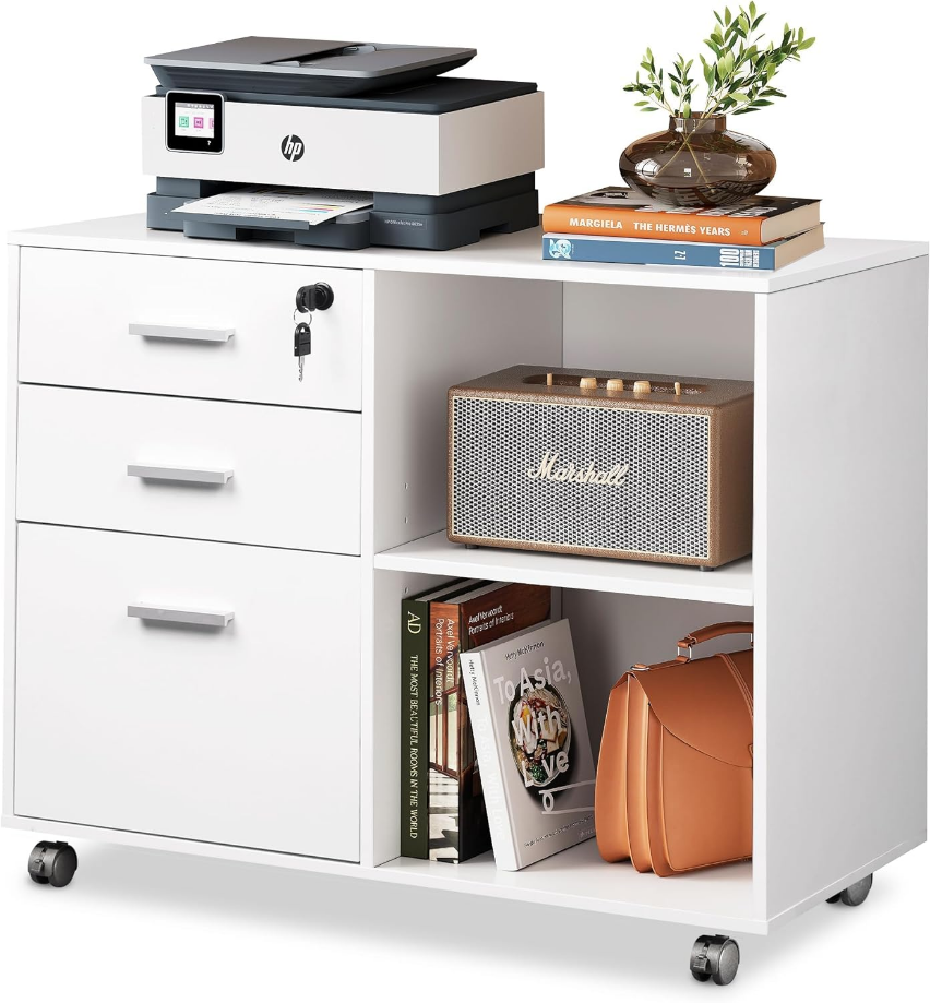 3-Drawer Wood File Cabinet with Lock, Mobile Lateral Filing Cabinet, Printer Stand with Open Storage Shelves for Home Office, White