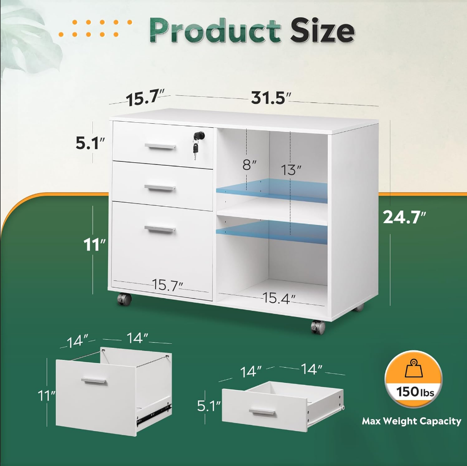 3-Drawer Wood File Cabinet with Lock, Mobile Lateral Filing Cabinet, Printer Stand with Open Storage Shelves for Home Office, White