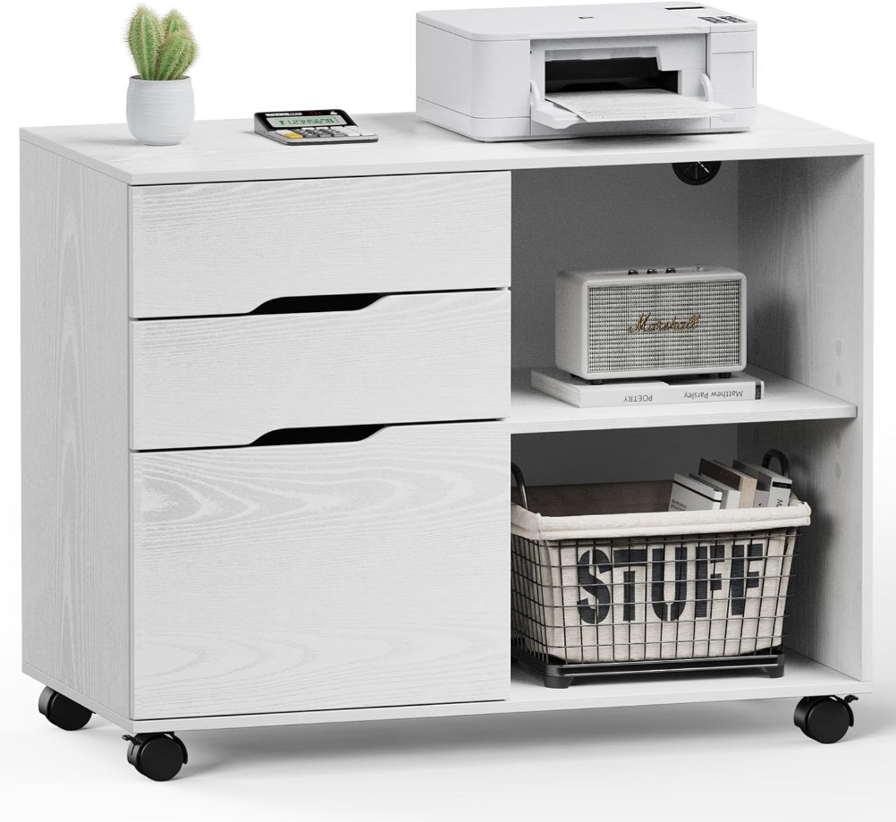 File Cabinet 3 Drawer - Storage Filing Cabinets Office Drawers White Printer Stand Lateral Mobile Under Desk Organizer Wooden with Wheels Adjustable Shelves for Home, Room, Small Spaces, White