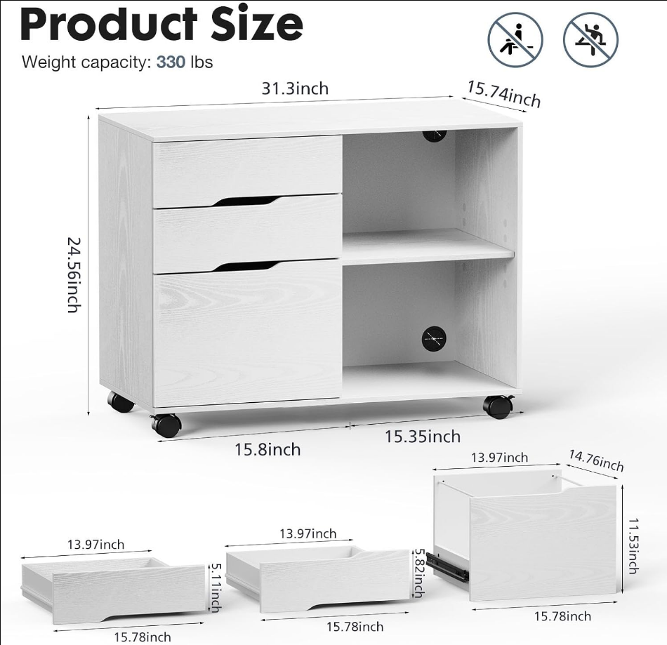 File Cabinet 3 Drawer - Storage Filing Cabinets Office Drawers White Printer Stand Lateral Mobile Under Desk Organizer Wooden with Wheels Adjustable Shelves for Home, Room, Small Spaces, White