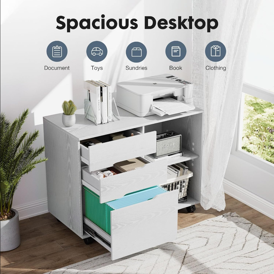 File Cabinet 3 Drawer - Storage Filing Cabinets Office Drawers White Printer Stand Lateral Mobile Under Desk Organizer Wooden with Wheels Adjustable Shelves for Home, Room, Small Spaces, White