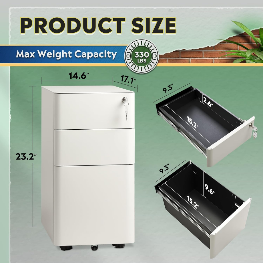 3-Drawer Slim Vertical File Cabinet, Fully Assembled Except Casters, Legal/Letter Size, White