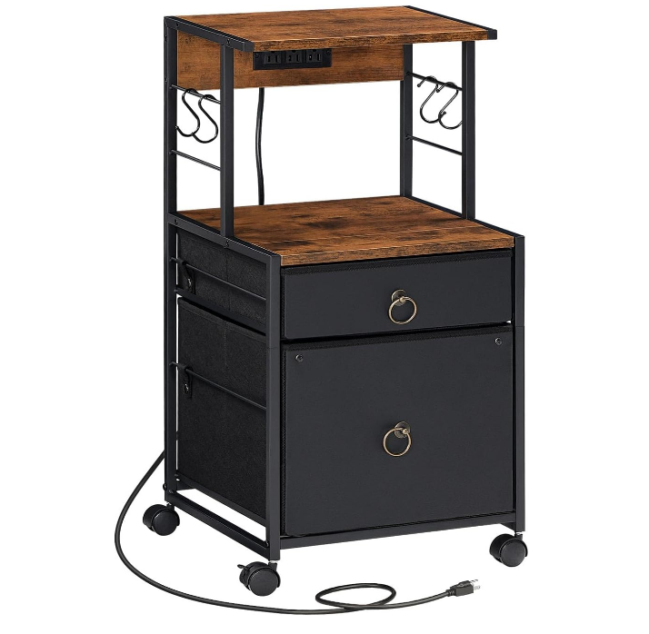 2-Drawer File Cabinet, Filing Cabinet with Charging Station, Vertical Office Cabinet with Open Storage Shelf, Printer Stand, A4/Letter Size, Nonwovens Drawer