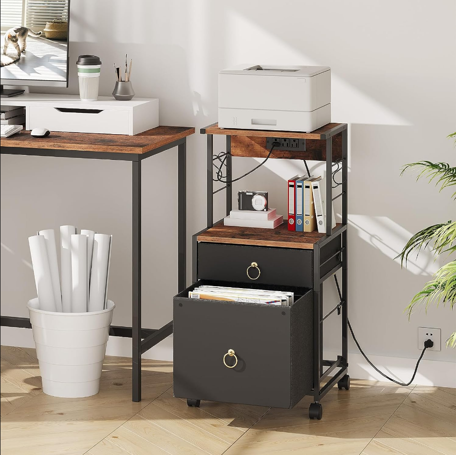2-Drawer File Cabinet, Filing Cabinet with Charging Station, Vertical Office Cabinet with Open Storage Shelf, Printer Stand, A4/Letter Size, Nonwovens Drawer