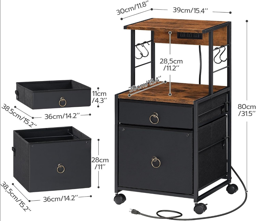 2-Drawer File Cabinet, Filing Cabinet with Charging Station, Vertical Office Cabinet with Open Storage Shelf, Printer Stand, A4/Letter Size, Nonwovens Drawer