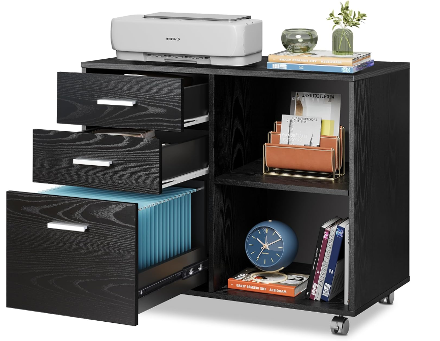 3-Drawer Wood File Cabinet, Mobile Lateral Filing Cabinet, Printer Stand with Open Storage Shelves for Home Office, Black