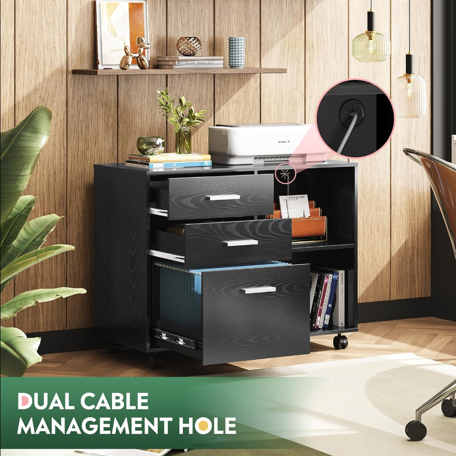 3-Drawer Wood File Cabinet, Mobile Lateral Filing Cabinet, Printer Stand with Open Storage Shelves for Home Office, Black
