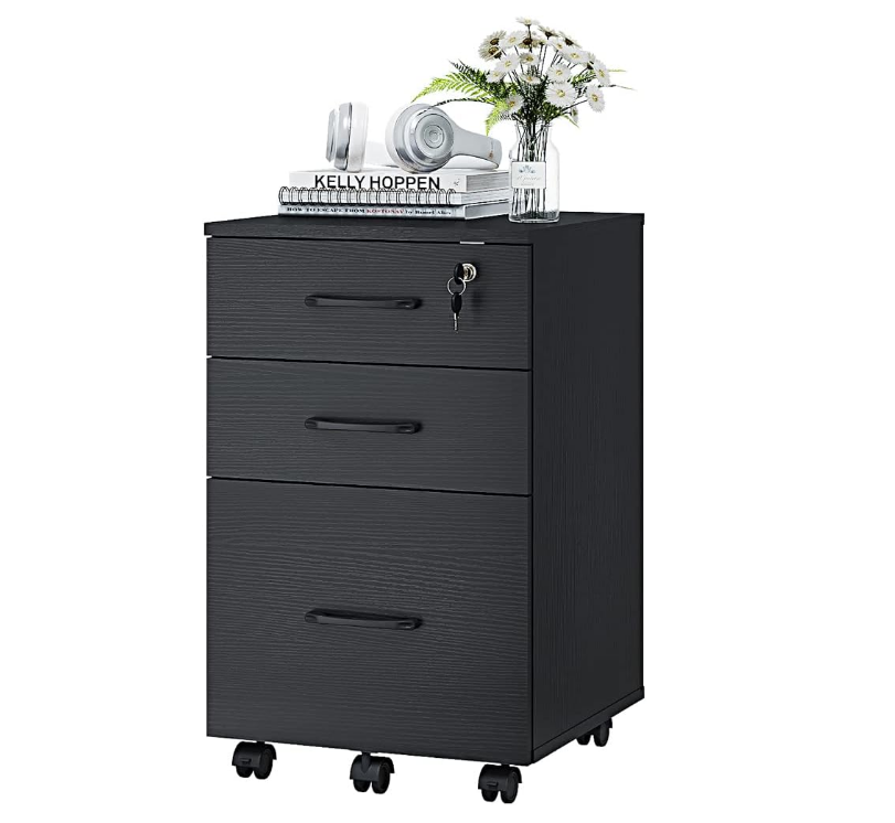 3 Drawer Wood Mobile File Cabinet, Under Desk Storage Drawers Small File Cabinet for Home Office (Black)
