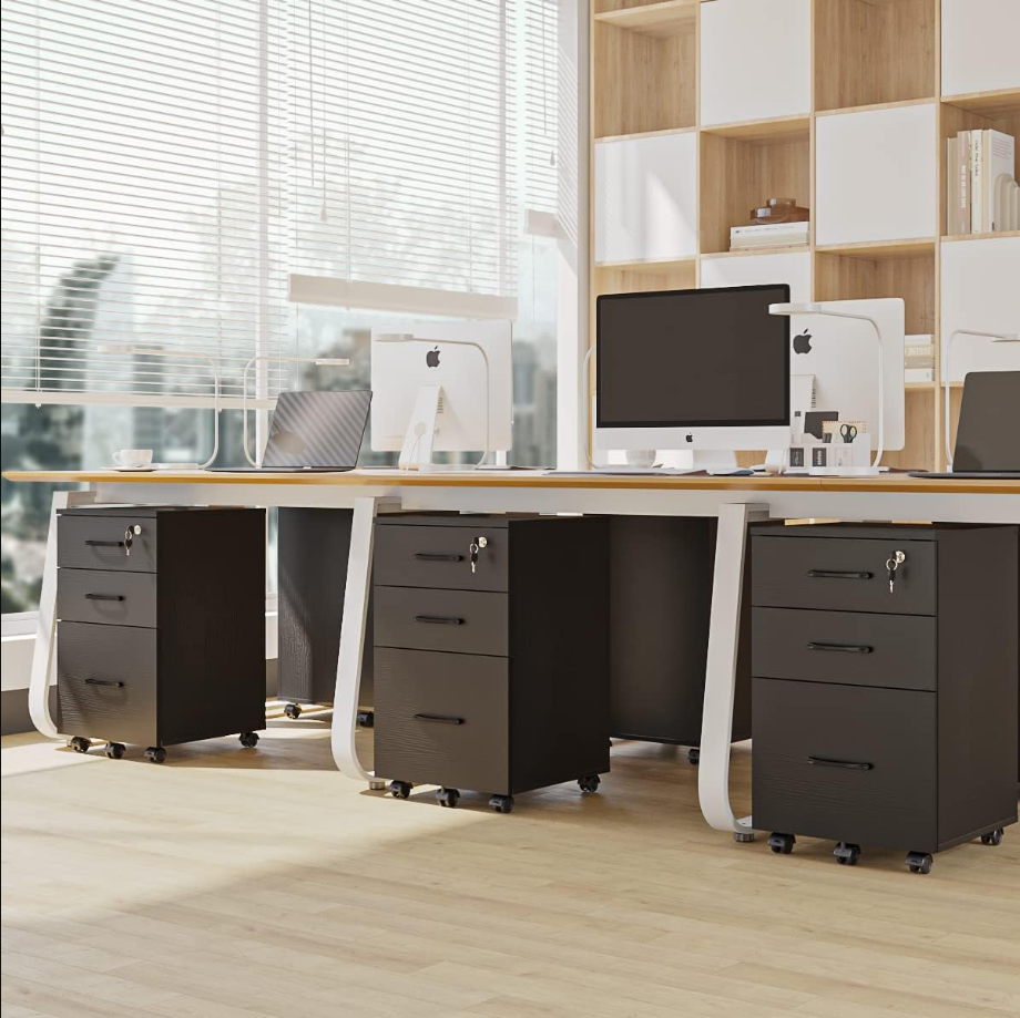 3 Drawer Wood Mobile File Cabinet, Under Desk Storage Drawers Small File Cabinet for Home Office (Black)
