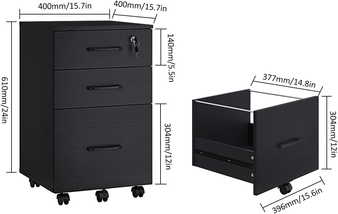 3 Drawer Wood Mobile File Cabinet, Under Desk Storage Drawers Small File Cabinet for Home Office (Black)