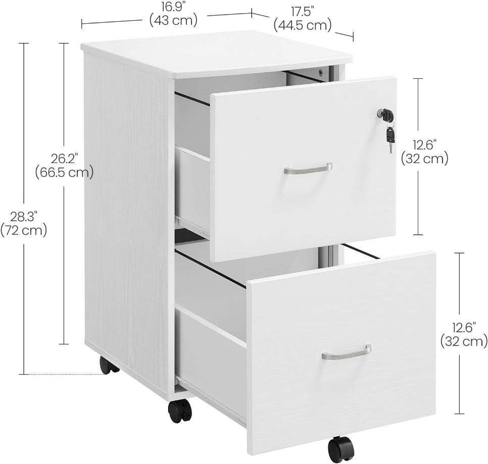 2-Drawer File Cabinet, Locking Wood Filing Cabinet for Home Office, Small Rolling File Cabinet, Printer Stand, for A4, Letter-Size Files, Hanging File Folders, Modern, White ULCD027T46V2