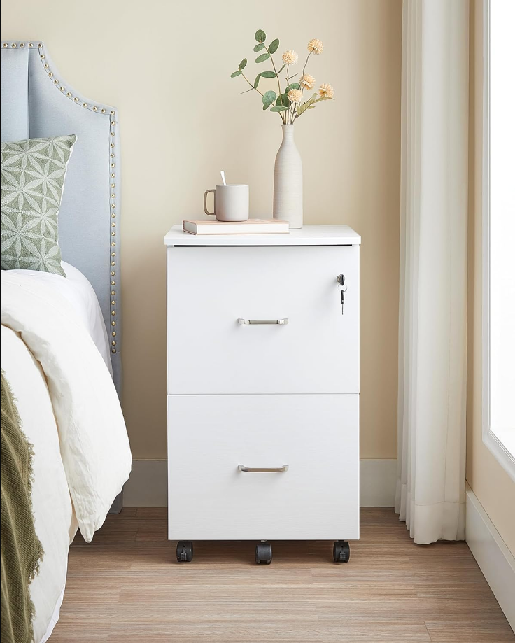 2-Drawer File Cabinet, Locking Wood Filing Cabinet for Home Office, Small Rolling File Cabinet, Printer Stand, for A4, Letter-Size Files, Hanging File Folders, Modern, White ULCD027T46V2