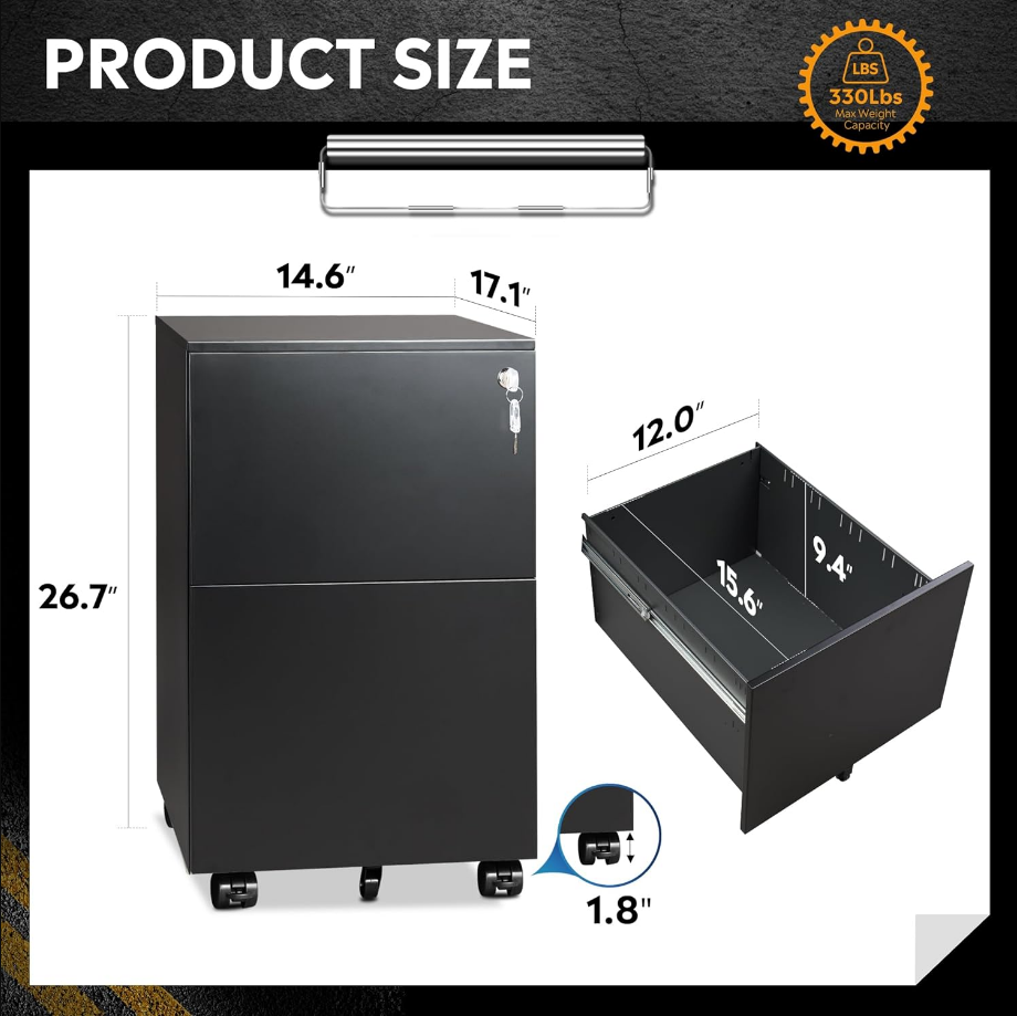 2-Drawer Mobile File Cabinet with Lock, Commercial Vertical Cabinet in Black