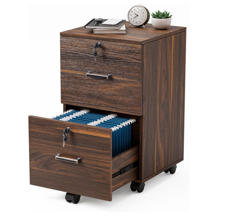 2 Drawer File Cabinet with Lock, Wood Dark Brown File Cabinet for Letter Size File Folders with Tabs, Under Desk Rolling File Cabinets for Home Office, Mobile Filing Cabinet Printer Stand