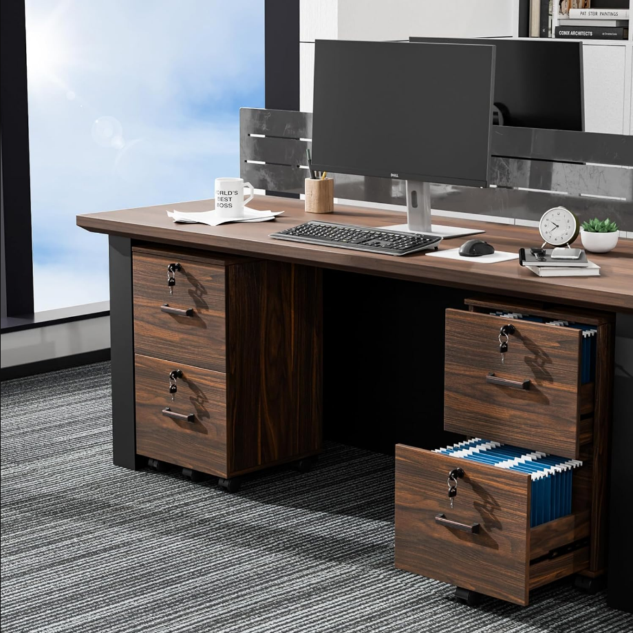 2 Drawer File Cabinet with Lock, Wood Dark Brown File Cabinet for Letter Size File Folders with Tabs, Under Desk Rolling File Cabinets for Home Office, Mobile Filing Cabinet Printer Stand