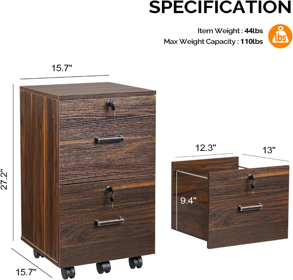 2 Drawer File Cabinet with Lock, Wood Dark Brown File Cabinet for Letter Size File Folders with Tabs, Under Desk Rolling File Cabinets for Home Office, Mobile Filing Cabinet Printer Stand