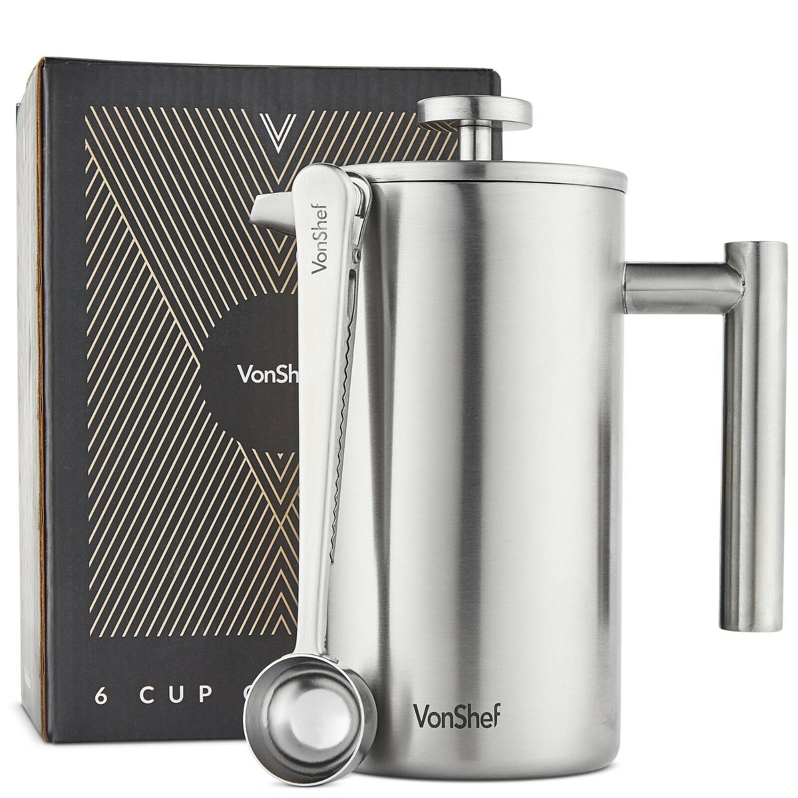 Cafetiere French Press, VonShef 6 Cup Double Wall Stainless Steel Coffee Maker