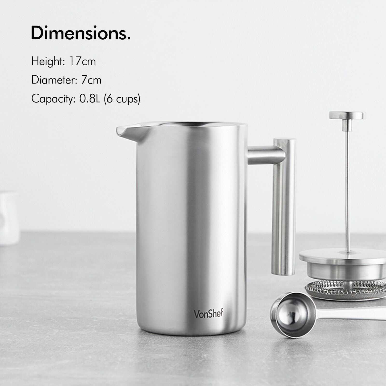 Cafetiere French Press, VonShef 6 Cup Double Wall Stainless Steel Coffee Maker
