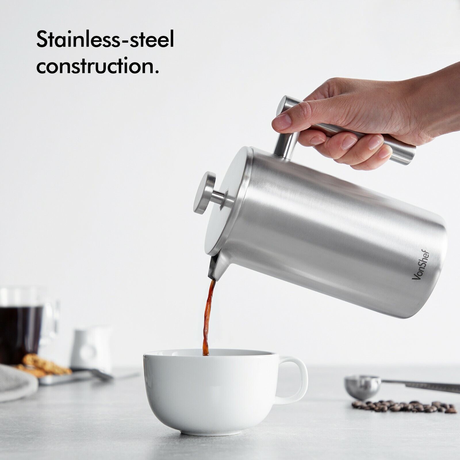 Cafetiere French Press, VonShef 6 Cup Double Wall Stainless Steel Coffee Maker
