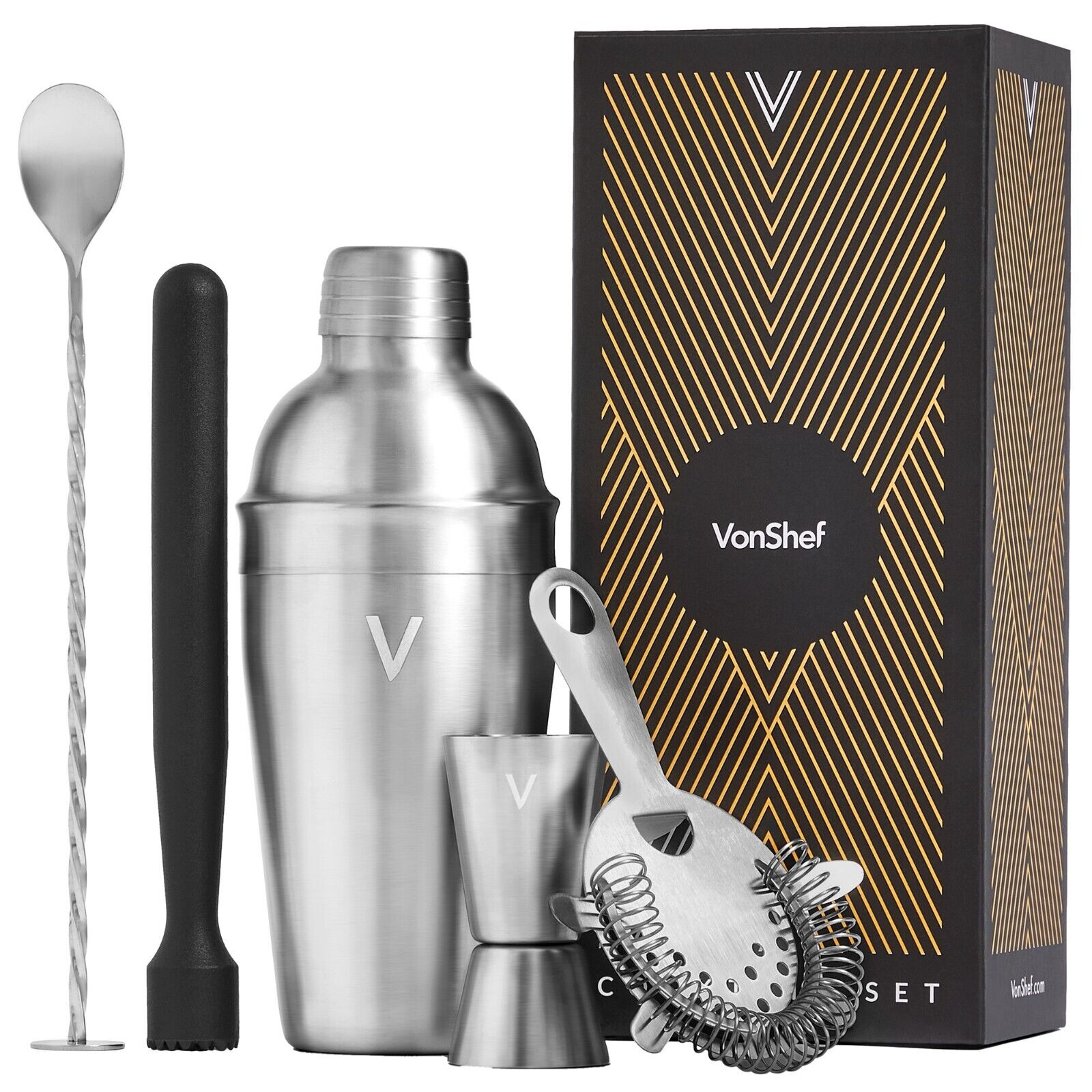 Manhattan Cocktail Shaker Set, VonShef 5Pc Brushed Bartender Kit in Gift Box