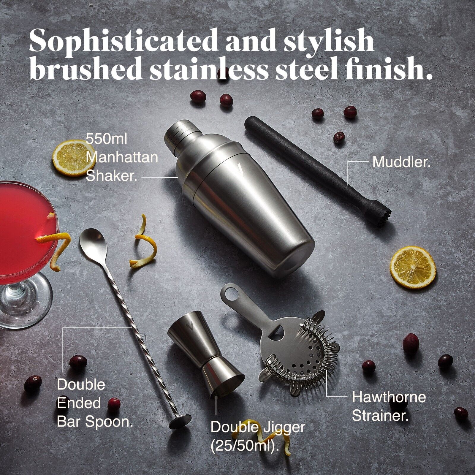 Manhattan Cocktail Shaker Set, VonShef 5Pc Brushed Bartender Kit in Gift Box