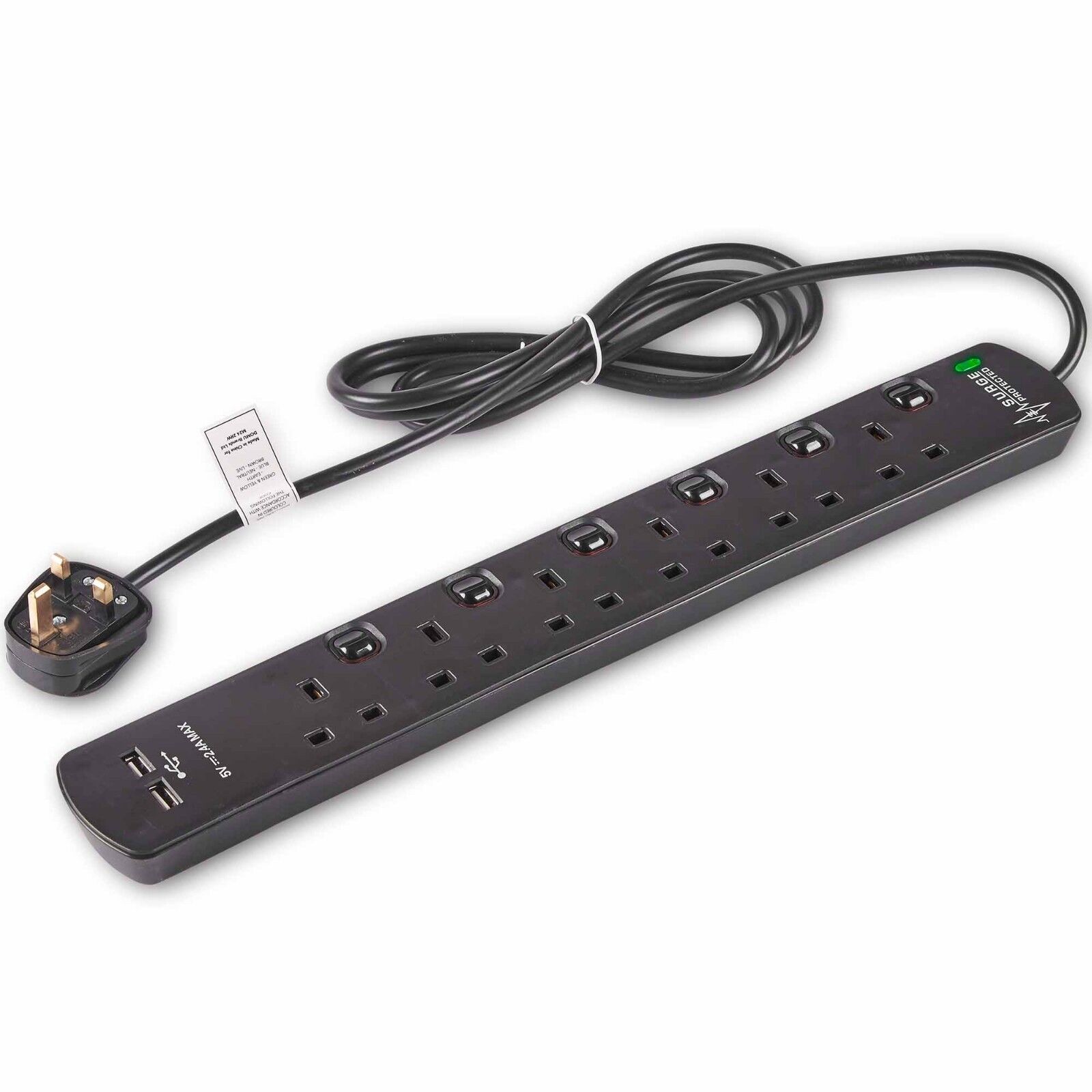 6 Way Plug Extension with USB - 6 Gang 2m Universal Power Strip - VonHaus