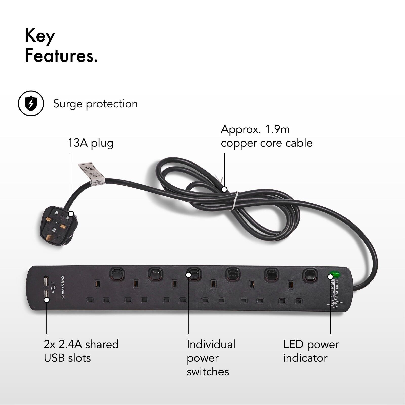 6 Way Plug Extension with USB - 6 Gang 2m Universal Power Strip - VonHaus