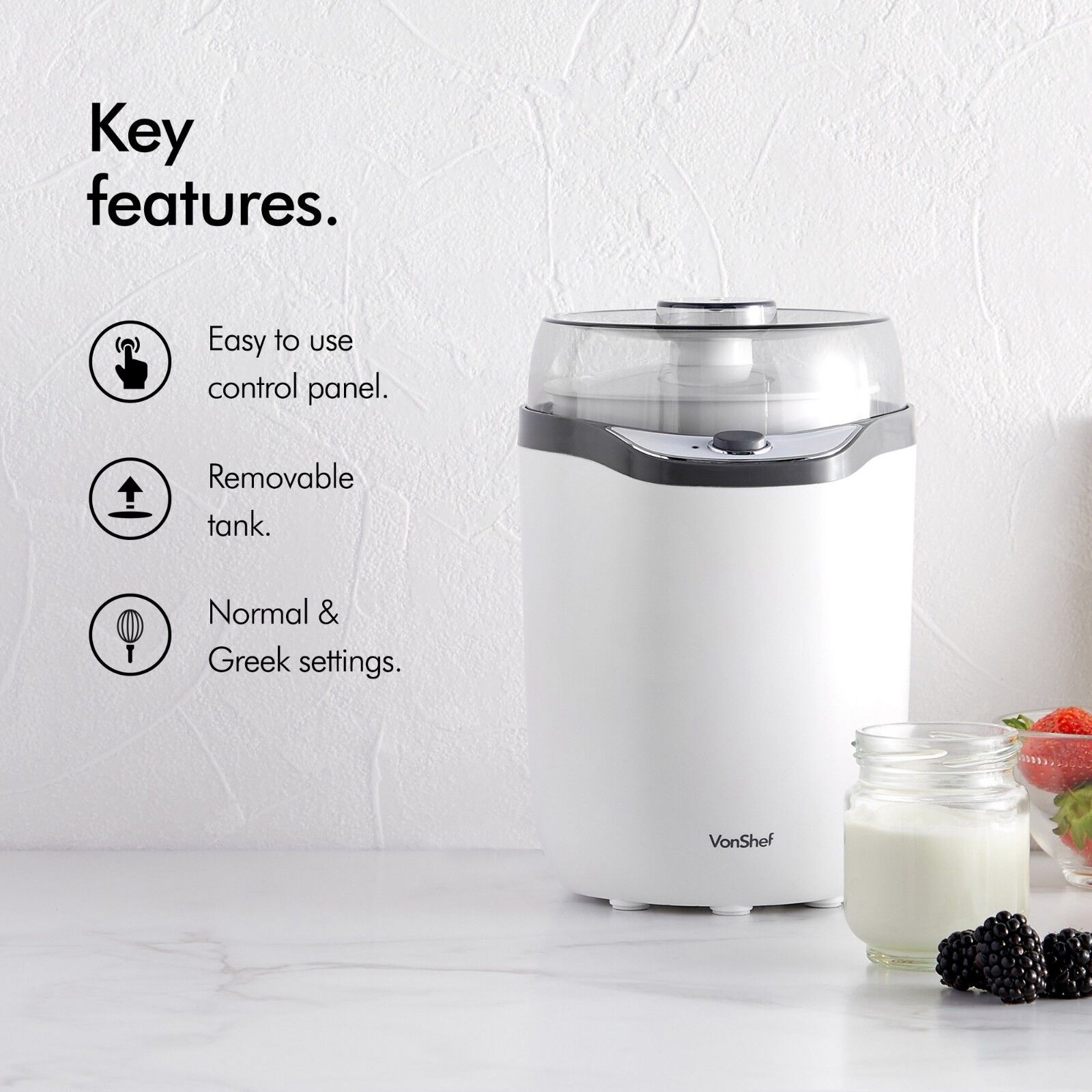 Yoghurt Maker Machine – VonShef Greek Yogurt Maker w/ Strainer & Recipes – 1.8L