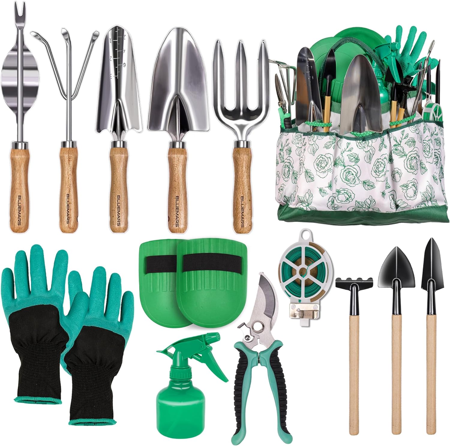 Gardening Hand Tool Kit 14PCS Heavy Duty Stainless Steel Garden Tool Set with Floral Garden Tote -Outdoor Gardening Transplanting