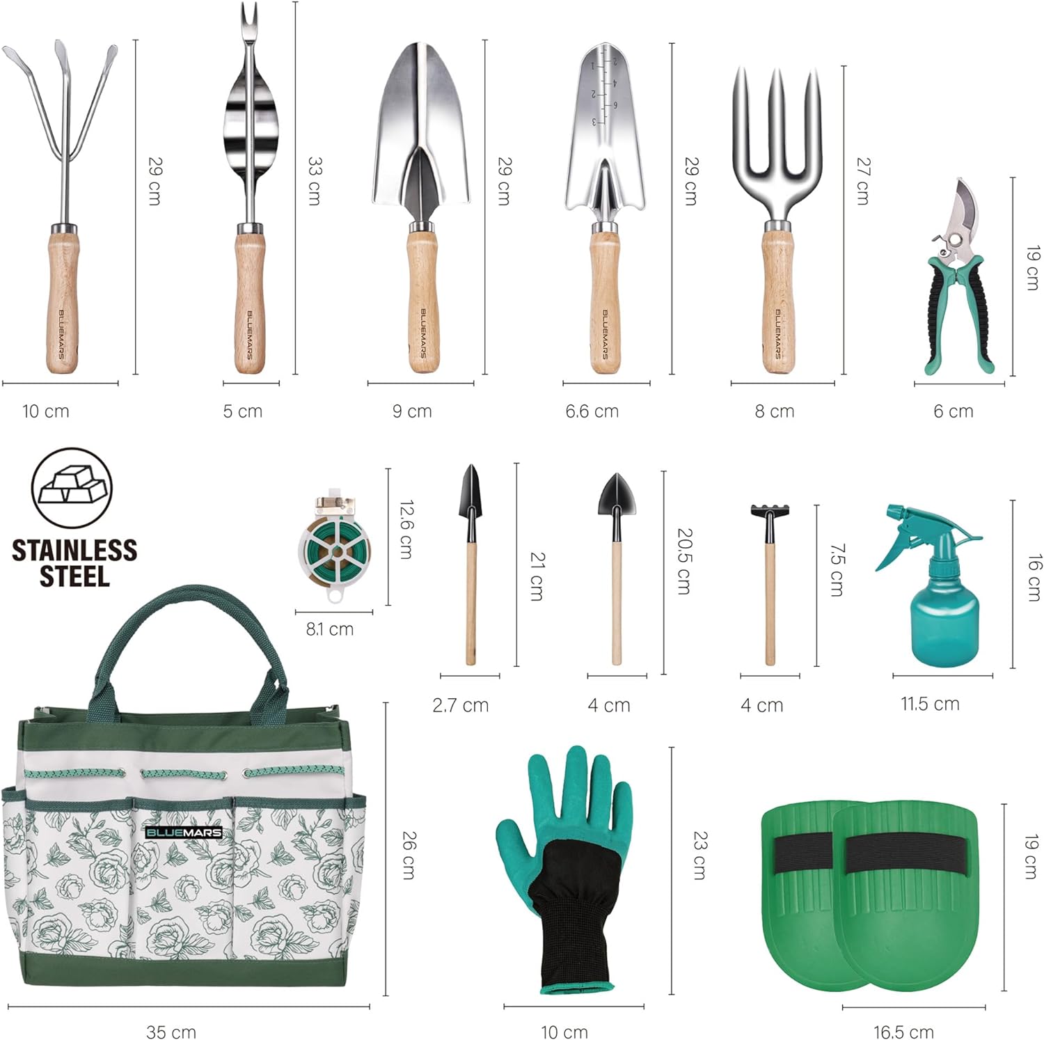 Gardening Hand Tool Kit 14PCS Heavy Duty Stainless Steel Garden Tool Set with Floral Garden Tote -Outdoor Gardening Transplanting