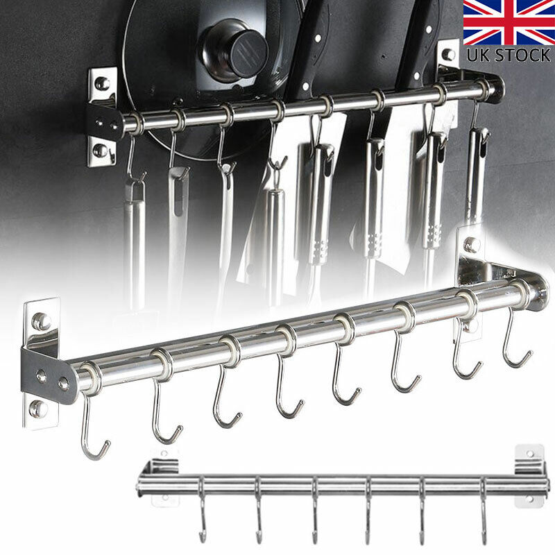 8 Hook Kitchen Utensil Holder Movable Hooks Fixture Storage Wall Rack Rail