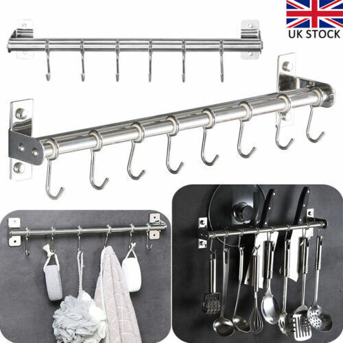 6 Hook Kitchen Utensil Holder Movable Hooks Fixture Storage Wall Rack Rail