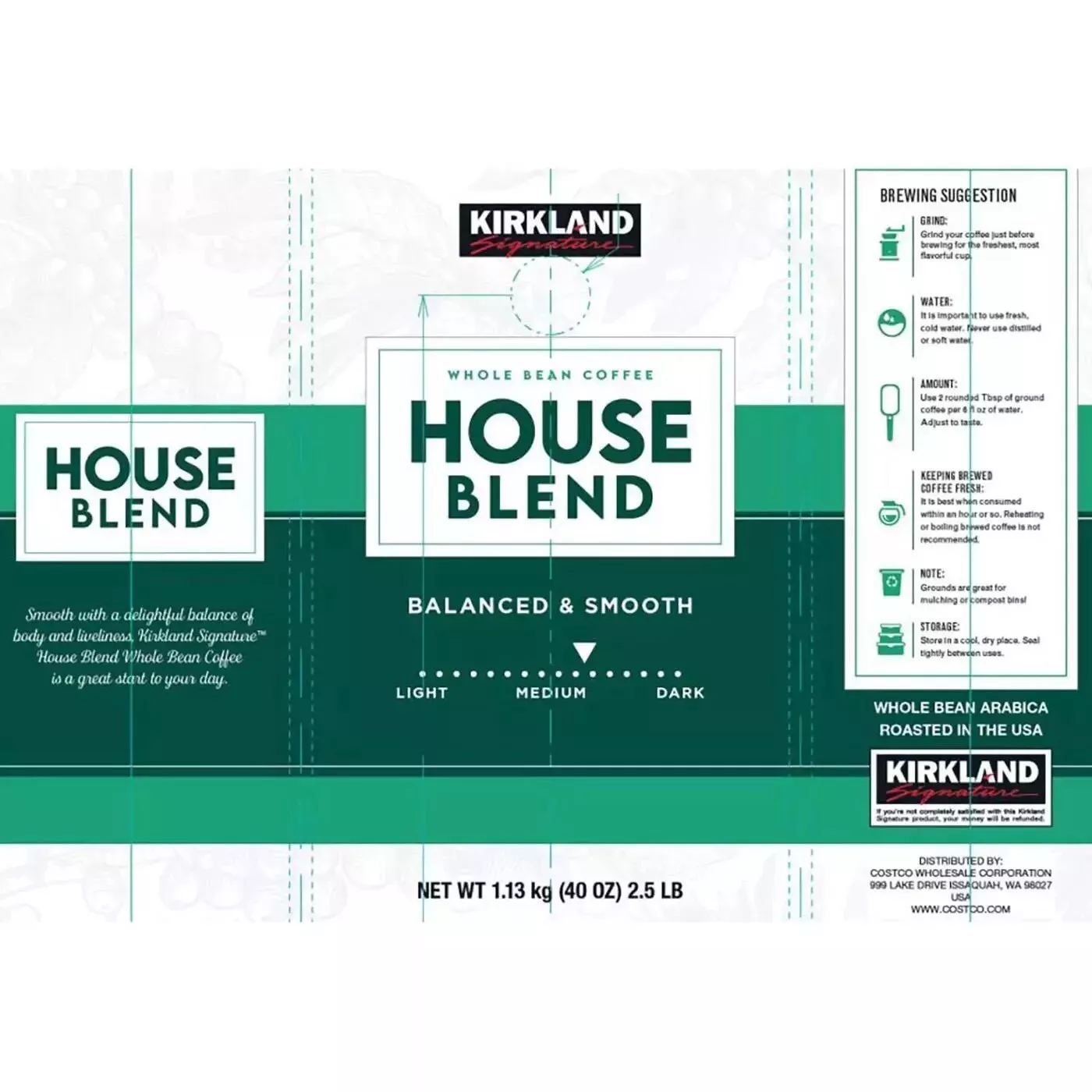 Kirkland Signature House Blend Balanced Smooth Arabica Whole Bean Coffee 1.13kg