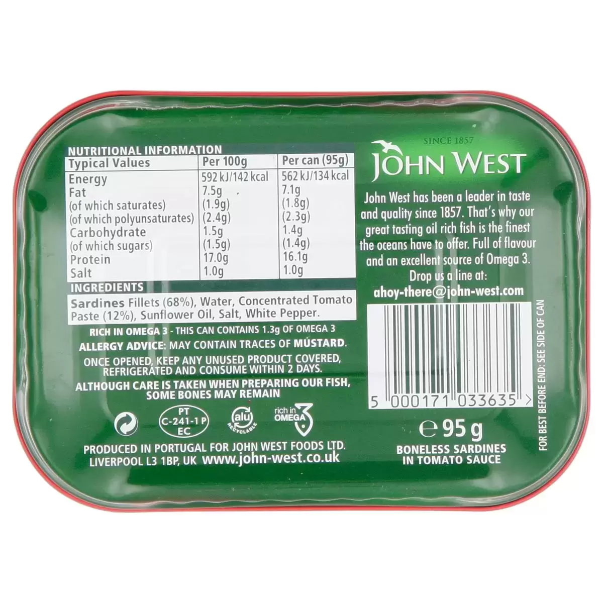 John West Sardines in Tomato Sauce Succulent Boneless Snack - Pack of 12 x 95g