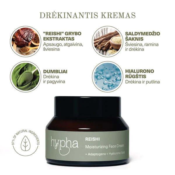 Drėkinantis Veido Kremas 50ml - Natūralus, su Grybų Ekstraktu
