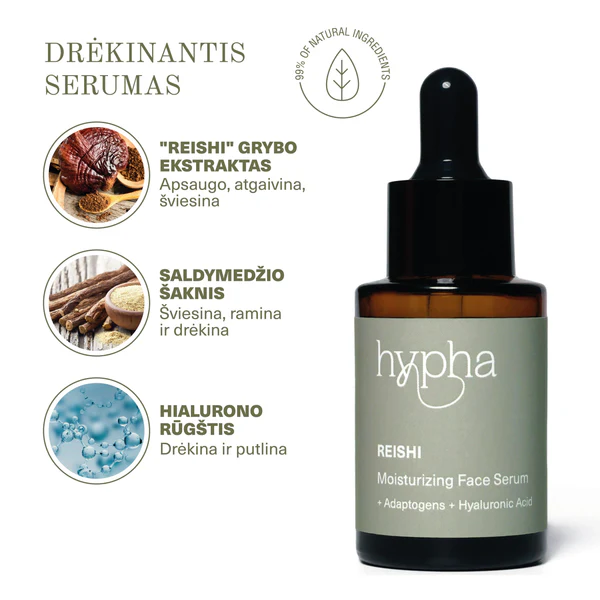 Drėkinantis Veido Serumas 30ml – Natūralus, su Reishi Grybų Ekstraktu