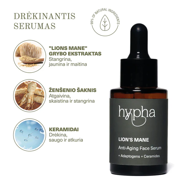 Anti-Aging Veido Serumas 30ml – Natūralus, su Liūto Karčių Grybų Ekstraktu