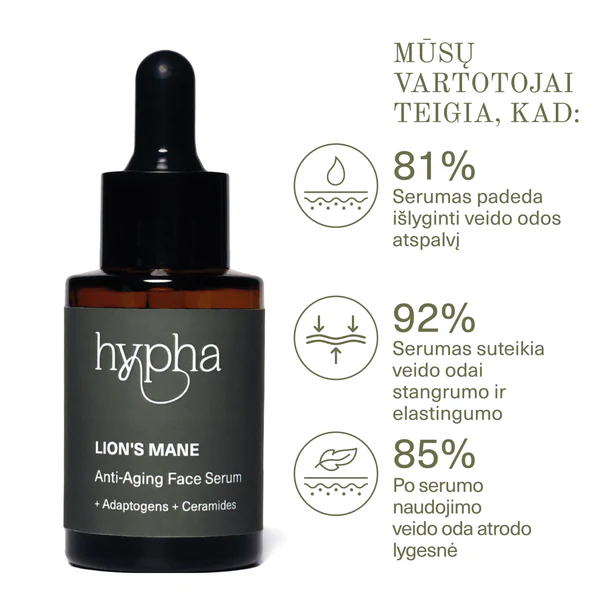 Anti-Aging Veido Serumas 30ml – Natūralus, su Liūto Karčių Grybų Ekstraktu