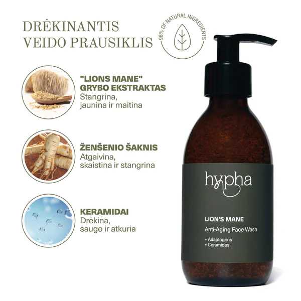 Anti-Aging Veido Prausiklis 200ml – Natūralus, su Liūto Karčių Grybų Ekstraktu