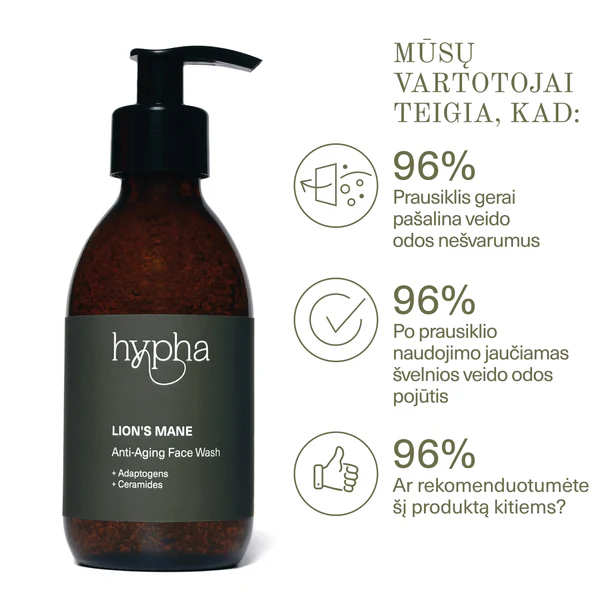 Anti-Aging Veido Prausiklis 200ml – Natūralus, su Liūto Karčių Grybų Ekstraktu