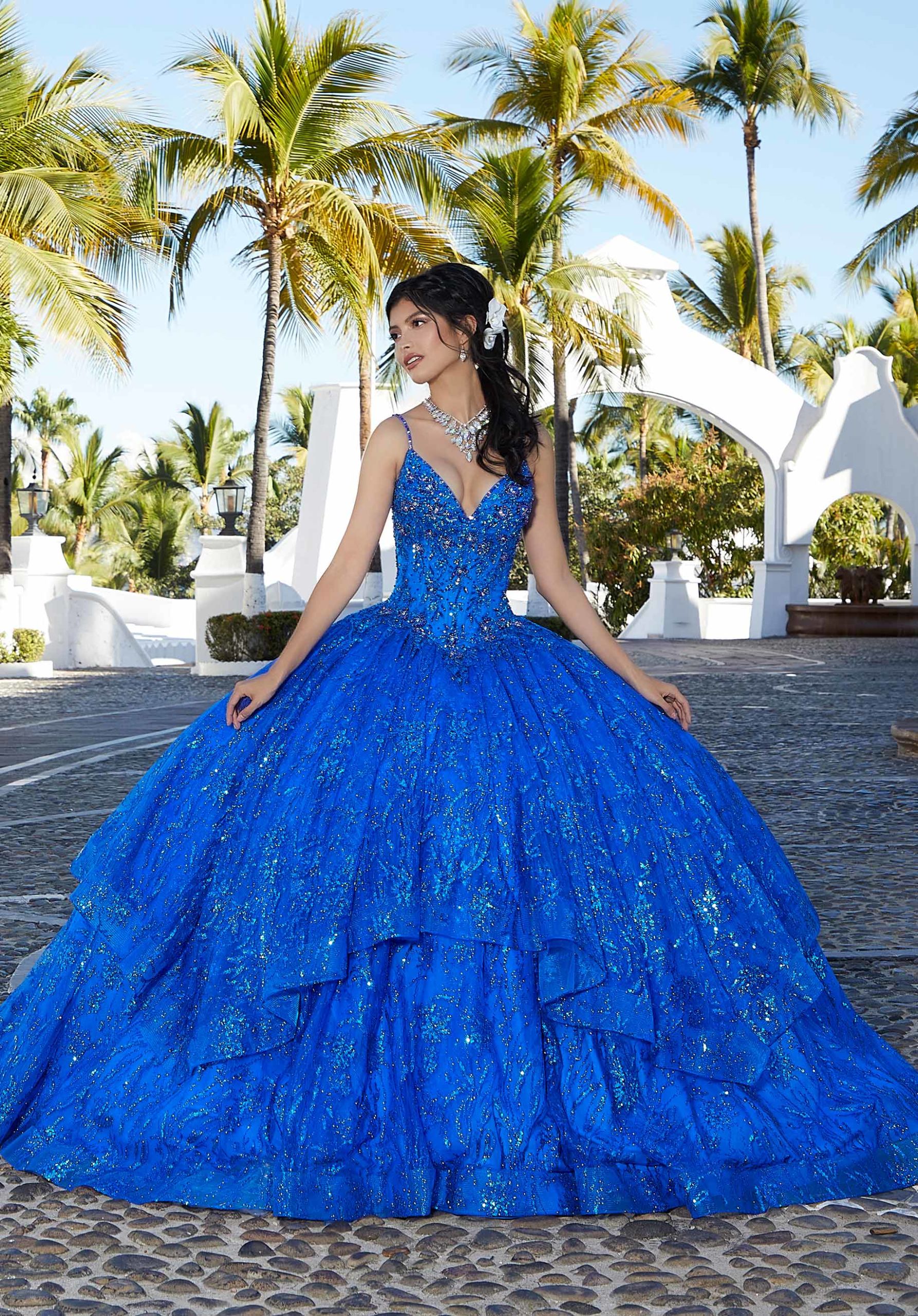 Crystal Beaded Embroidered Flounced Quinceañera Dress