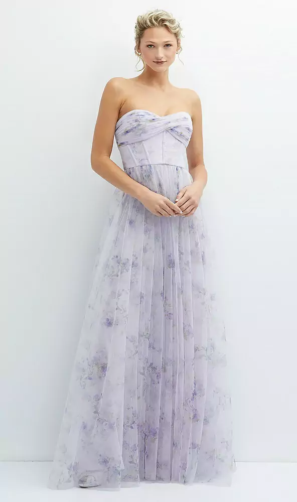 Floral strapless twist cup corset tulle dress with long full skirt