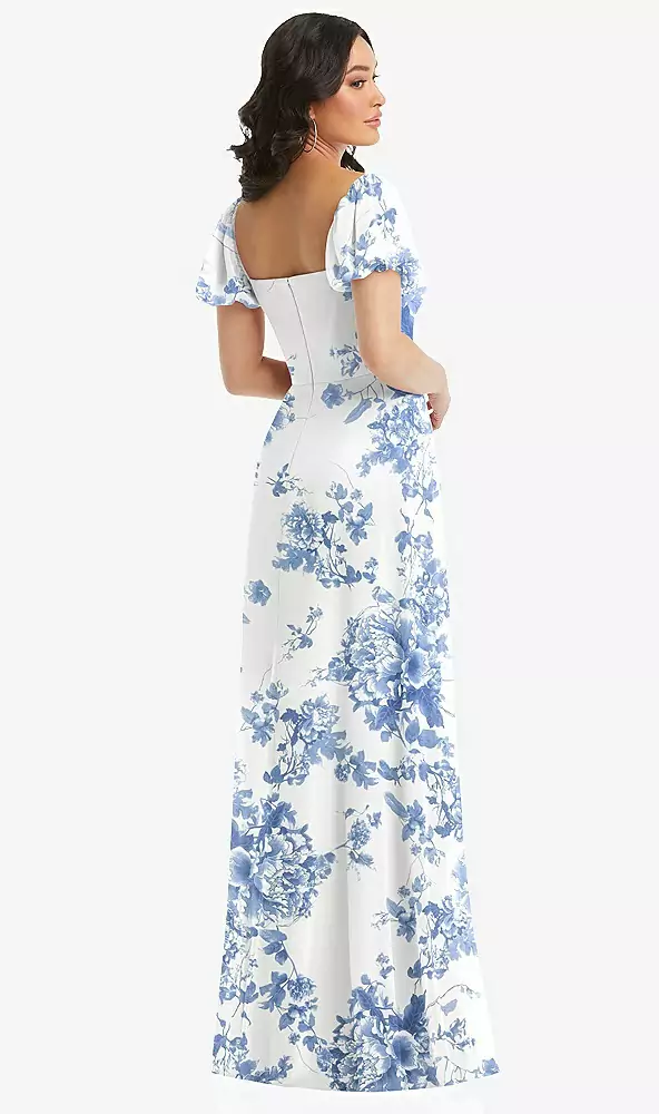 Puff sleeve chiffon maxi dress with front slit 